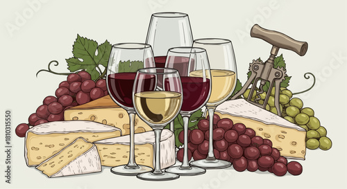 Illustration of wine glasses filled with red and white wine alongside cheese and grapes assortment