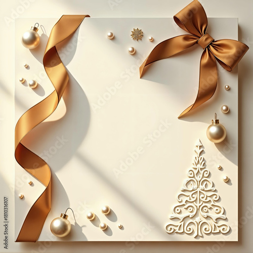 Fototapeta Naklejka Na Ścianę i Meble -  Elegant minimalist Christmas background with gold ribbon, ornaments, and stylized tree on a neutral pale surface. Copy space