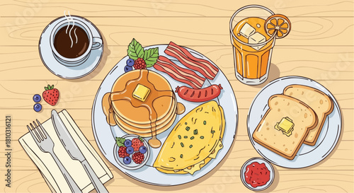 Illustration of a hearty breakfast with pancakes bacon omelet toast coffee juice and assorted berries on table