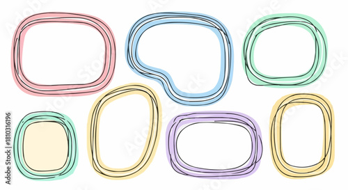 Seven colorful doodle frames with rounded shapes and black lines on a white plain background view