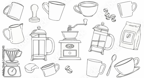 Illustration of coffee themed items including coffee beans, mugs, grinder, and french presses in black outline