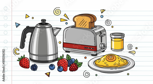 Breakfast scene featuring a kettle, toaster with toast, berries, and an omelet on a lined background
