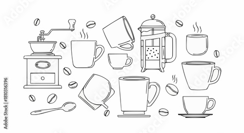 Illustration of coffee related items including a grinder press and various cups and coffee beans
