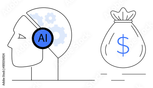 Human profile with AI tag, gears in the brain symbolizing artificial intelligence, alongside a money bag. Ideal for technology, finance, innovation, wealth, business strategy, investment simple flat