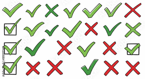 A collection of green check marks and red x marks arranged in a grid pattern on a white background