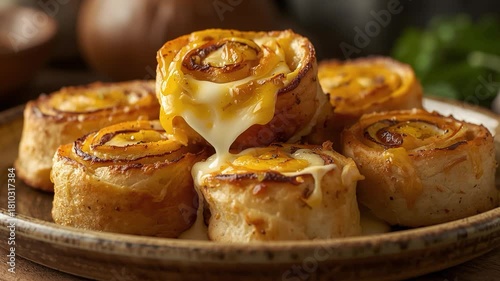 A delectable close-up image showcasing freshly baked, homemade savory cheese rolls served on an earthy-toned plate, perfect for culinary projects or appetizing food presentations.	