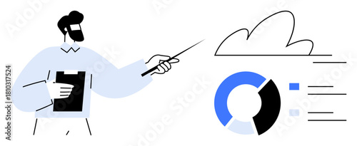 Man presenting analytics with pie chart, cloud element, and pointer. Ideal for data analysis, technology, education, teamwork, business strategy, cloud computing simple flat metaphor