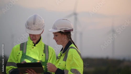 Engineers working and using tablet on site in wind turbine farm, Wind turbines generate clean energy source, Eco technology for electric, industry environment