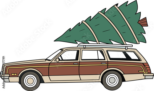 Family car carrying tree on roof for season vacation adventure isolated design transport