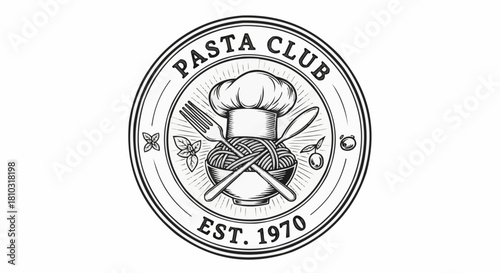 Pasta club emblem with chef hat spaghetti fork spoon basil and olive branch in black and white style