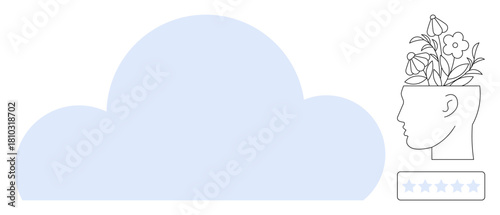 Human head with plants, cloud, and a five-star rating bar. Ideal for creativity, sustainability, mindfulness, productivity, self-growth innovation minimalism. A simple flat metaphor
