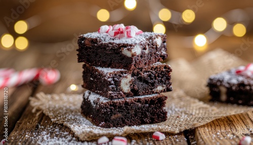 Delicious Stacked Chocolate Brownies Topped With Peppermint Candies and Sugar Dust on Rustic Wood Background