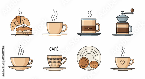 Illustration of coffee cups, pastries, and a coffee grinder arranged on a white background image art