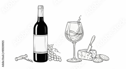 Elegant still life featuring wine bottle glass cheese grapes crackers and corkscrew in monochrome sketch style