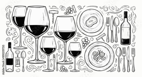Illustration of wine glasses, bottles, plates, and cutlery arranged in a decorative manner design