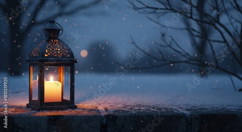 Decorative lantern with candle glowing in snowy winter evening  