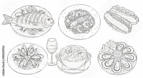 Illustration of various seafood dishes including fish shrimp oysters mussels and clam chowder served with wine