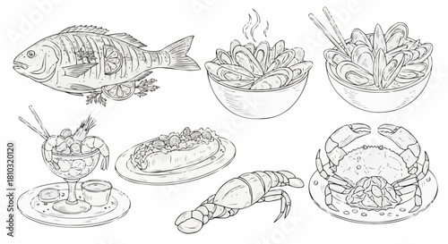 A sketch of seafood dishes including grilled fish, mussels, shrimp cocktail and crab on plates and bowls