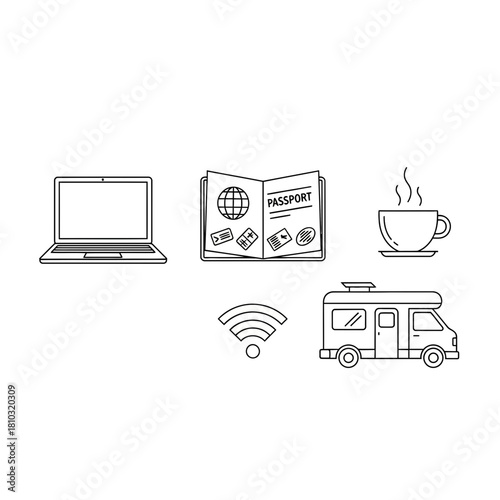 Embrace digital nomadism with laptop passport wifi and campervan icons representing freedom and remote work adventures