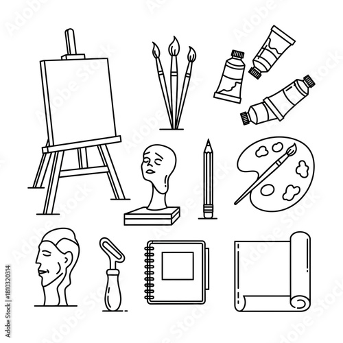 Inspire creativity with an artist's essential tools including easel, brushes, paints, palette, pencil, sketchbook, and sculptures for your next project.