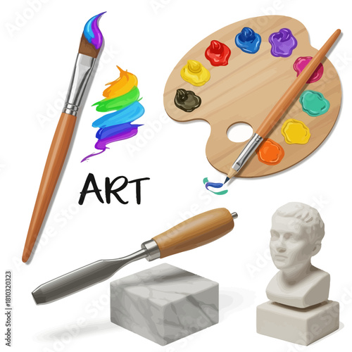 Unleash creativity with vibrant paint, brushes, sculpting tools, and a classic bust, inspiring artistic expression and design projects.
