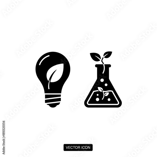 Green innovation concept with glowing leaf in lightbulb and flask, symbolizing eco-friendly ideas and sustainable science