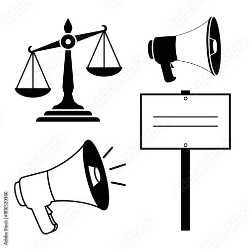 Empowering justice and advocacy with scales of balance and impactful megaphone announcements for legal and protest messaging
