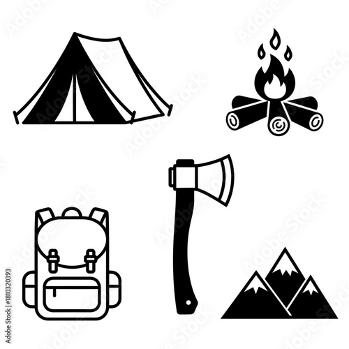 Dynamic camping adventure icons featuring tent, campfire, backpack, axe, and mountain peaks for outdoor exploration and travel marketing