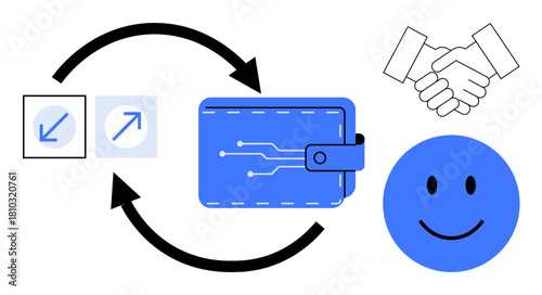 Digital wallet icon with transaction arrows payment processes. Digital wallet ensures secure online transactions and user convenience. Ideal for fintech, e-commerce, and payment apps