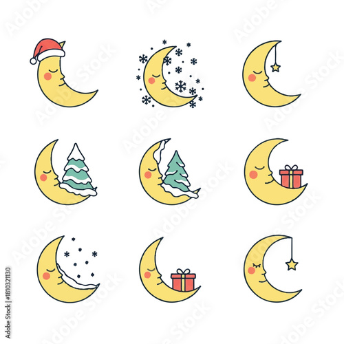 Collection of Festive Crescent Moon Illustrations with Holiday Themes.