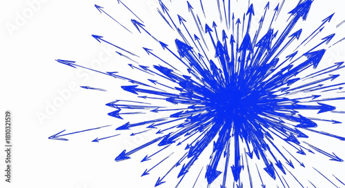 A cluster of blue arrows radiating outwards from a central point on a white background drawing style