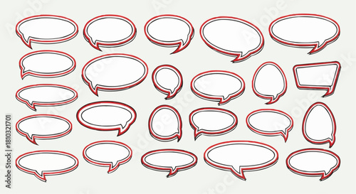 Illustration of assorted speech bubbles with red outlines arranged on a white background view from above
