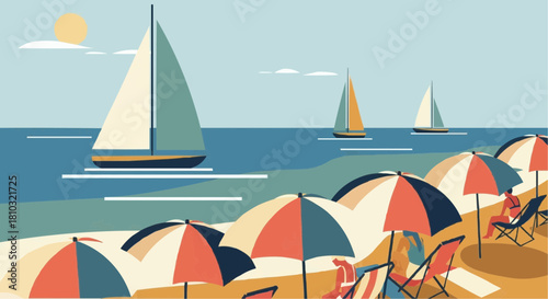A picturesque beach scene with sailboats on the water and people relaxing under umbrellas on the shore
