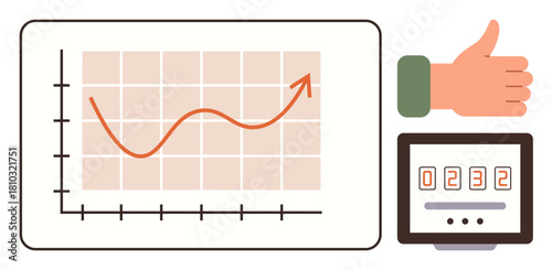 Chart with upward curve and axis, thumbs-up hand, and digital counter. Ideal for business, growth, performance, success, evaluation progress and data representation. Simple flat metaphor