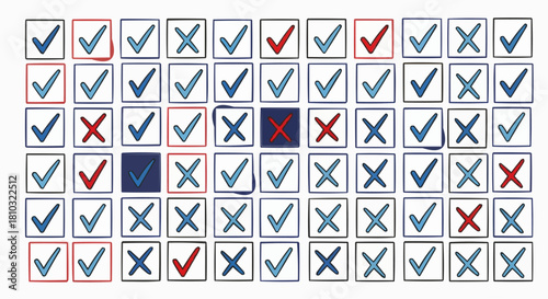 Array of squares with check marks and x marks in blue and red colors in a grid pattern design