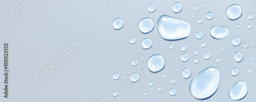 Blue transparent raindrops on a soft blue background with realistic flowing texture.