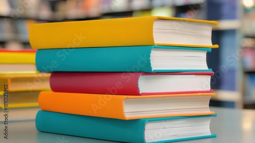 Wallpaper Mural Stack of colorful books in Library: A vibrant collection of brightly colored books piled together on a table in a library setting, with soft, gentle lighting  Torontodigital.ca