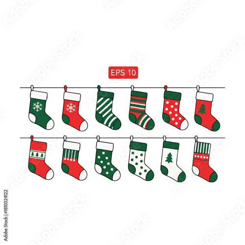 Festive Christmas Stockings Hanging on a Clothesline Illustration.