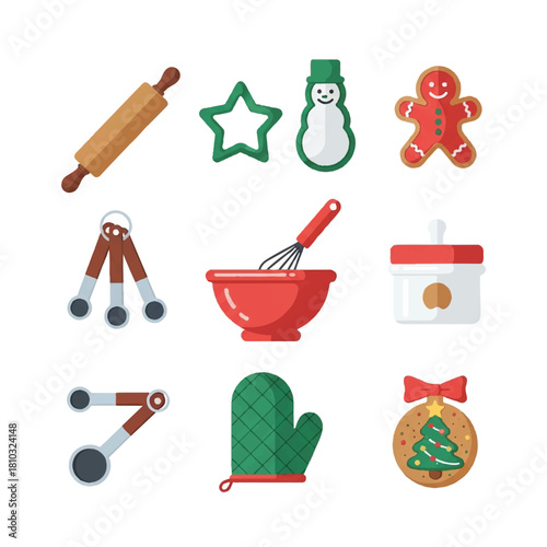 Festive Christmas Baking Tools and Cookie Cutters Illustration.