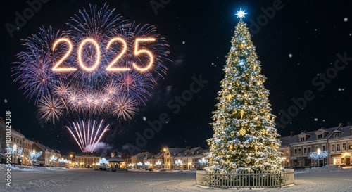 A festive christmas scene with fireworks and a decorated tree in a snow covered town square at night created with generated ai