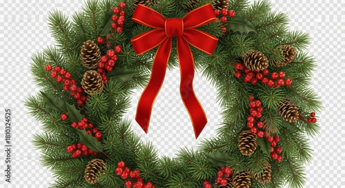 Christmas wreath with pine cones, red berries, green pine branches and a red ribbon bow decoration created with generated ai
