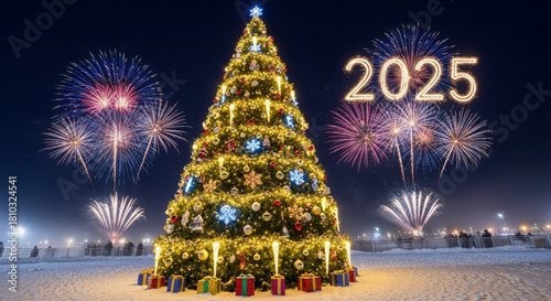 Christmas tree with lights and fireworks celebrating new year two thousand twenty five in the night sky created with generated ai
