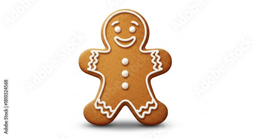 Gingerbread man cookie with white icing outline and buttons on a white background plain and simple created with generated ai