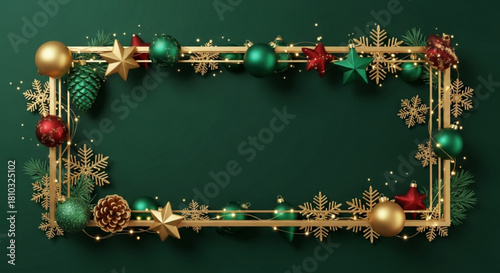 Festive christmas frame with ornaments, stars, snowflakes and lights on a dark green background created with generated ai