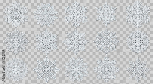 A collection of fifteen intricately designed white snowflakes on a checkered background design element created with generated ai