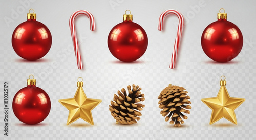 A collection of christmas ornaments including red baubles candy canes stars and pine cones on a transparent background created with generated ai