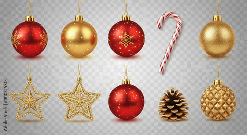 A collection of christmas ornaments including red and gold balls stars candy cane and a pine cone isolated created with generated ai