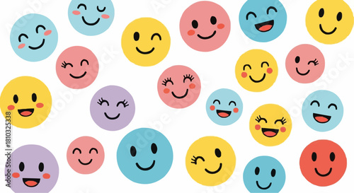 A cheerful collection of colorful emoji faces scattered across a white background with varied expressions
