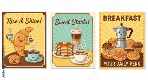 Three breakfast themed posters with cartoon pastries coffee and breakfast slogans in a retro style design