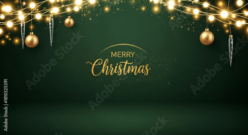 Festive christmas background with golden ornaments lights and merry christmas text on green backdrop created with generated ai